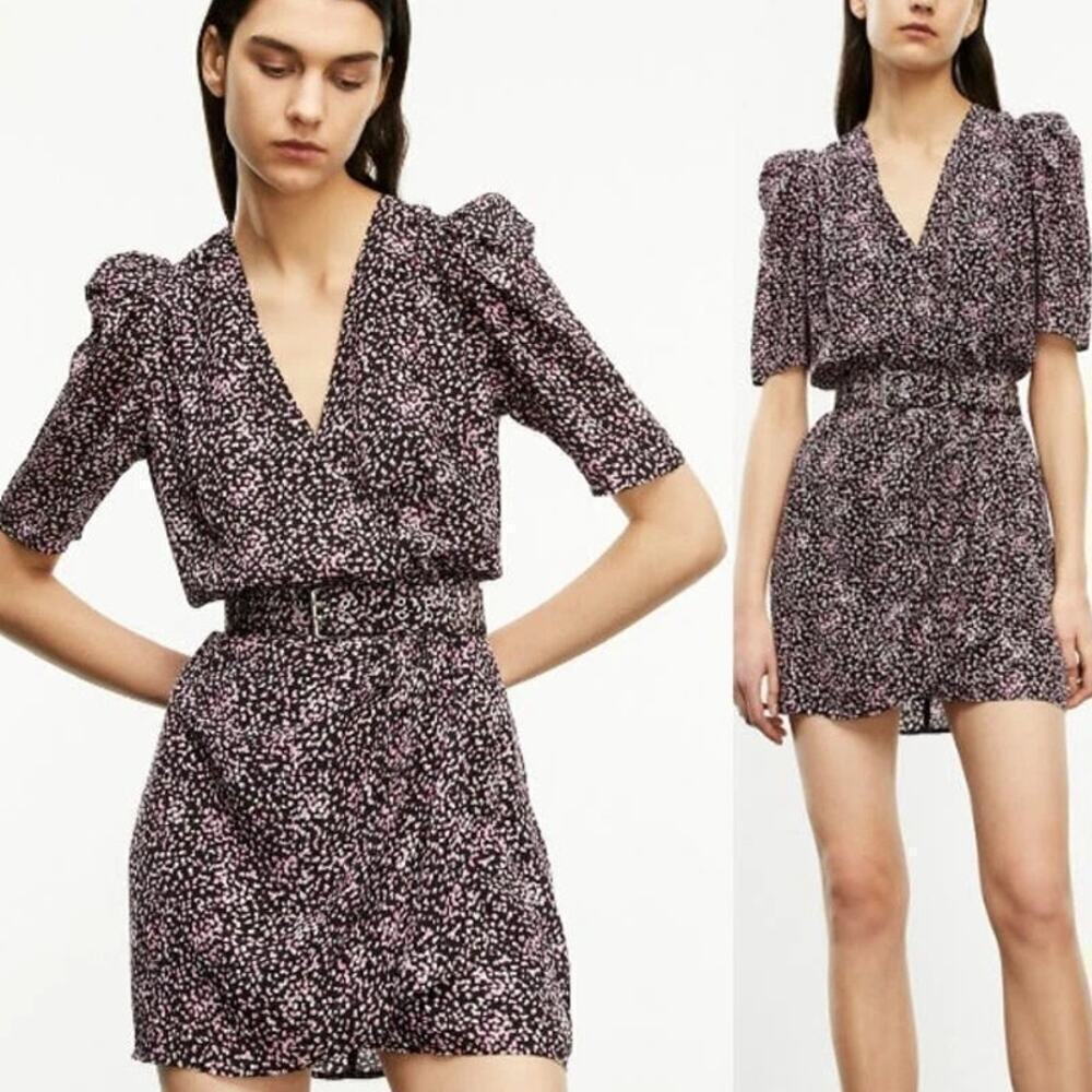 The Kooples Short Sleeve Patterned Wrap Mini Dress Pink Black Women Size 1 (XS)